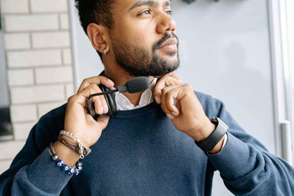 Call center agent getting ready for work